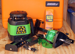 Electronic self leveling horizontal and vertical rotary laser level from Johnson Model 40-6544 Rotary Laser Level kit with carry case, floor target, green laser glasses