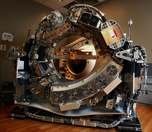 A Johnson Level box level is used to ensure the construction accuracy of a CT scanner.